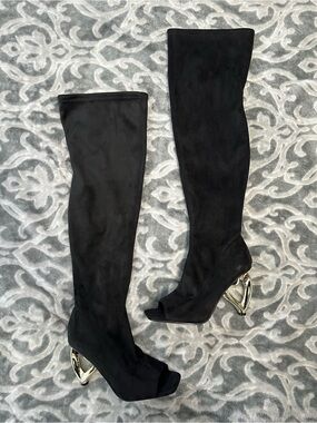 Yoki Black Over-the-Knee Peep-Toe Boots with Sculptural Gold Heel
